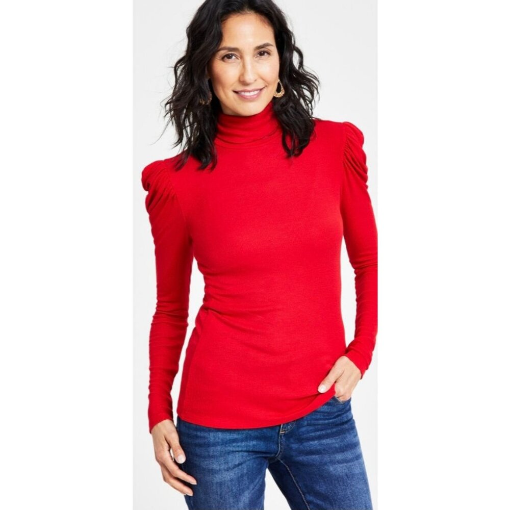 INC Red Exxagerated Long Sleeve Mock Neck Red Ribbed Top 1X NWT